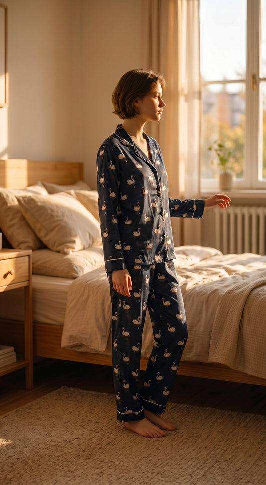 Black Swan Premium Lawn Pajama Set for Women | Soft Breathable Long Sleeve Night Suit, Sleepwear & Loungewear | Nazakistan