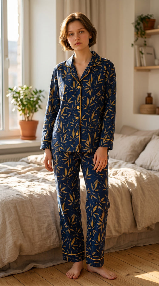 Midnight Crown Premium Lawn Pajama Set for Women | Soft Breathable Leaf Print Long Sleeve Night Suit, Sleepwear & Loungewear | Nazakistan
