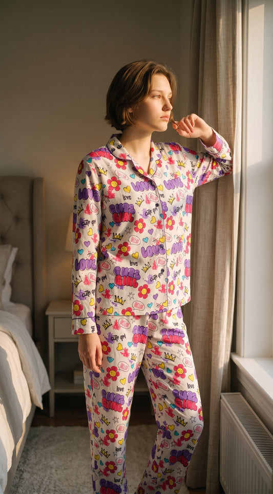Cute Girl Premium Lawn Pajama Set for Women | Soft Breathable Long Sleeve Night Suit, Sleepwear & Loungewear | Nazakistan