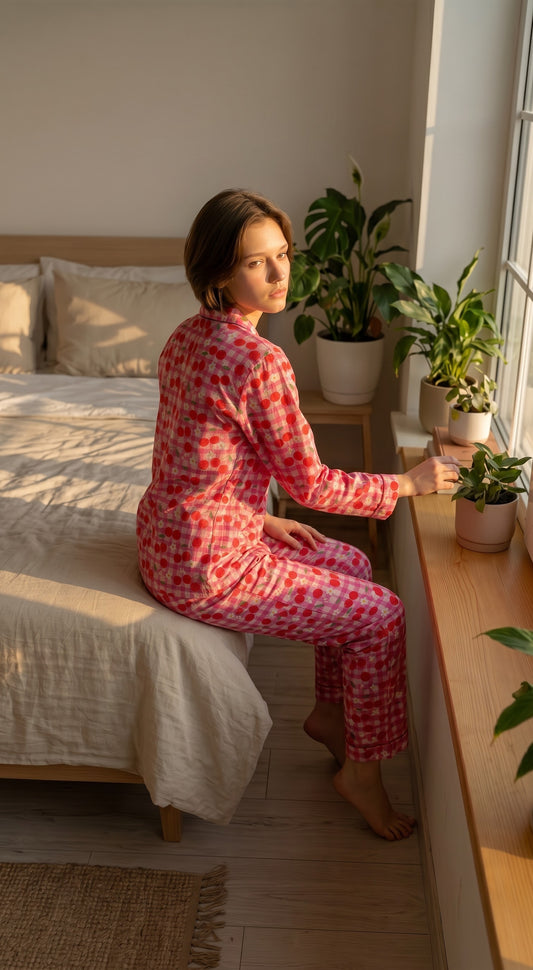 Cherry Bliss Premium Lawn Pajama Set for Women | Soft Breathable Cherry Print Long Sleeve Night Suit, Sleepwear & Loungewear | Nazakistan