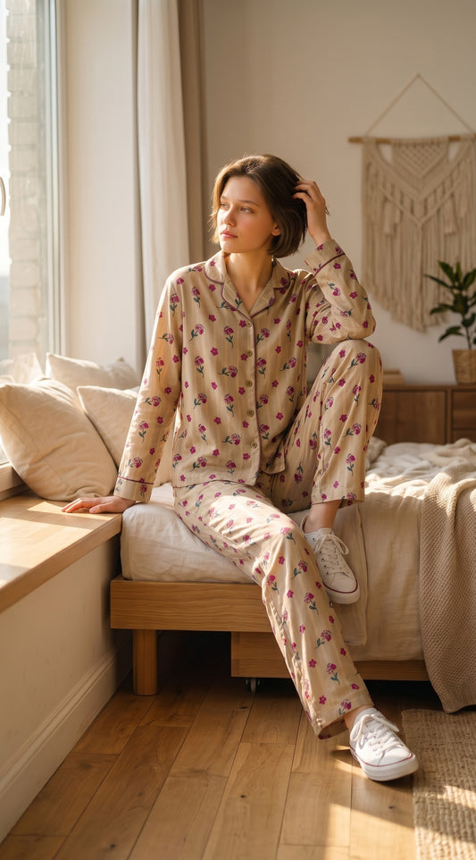 Wild Petals Premium Lawn Pajama Set for Women | Soft Breathable Floral Long Sleeve Night Suit, Sleepwear & Loungewear | Nazakistan