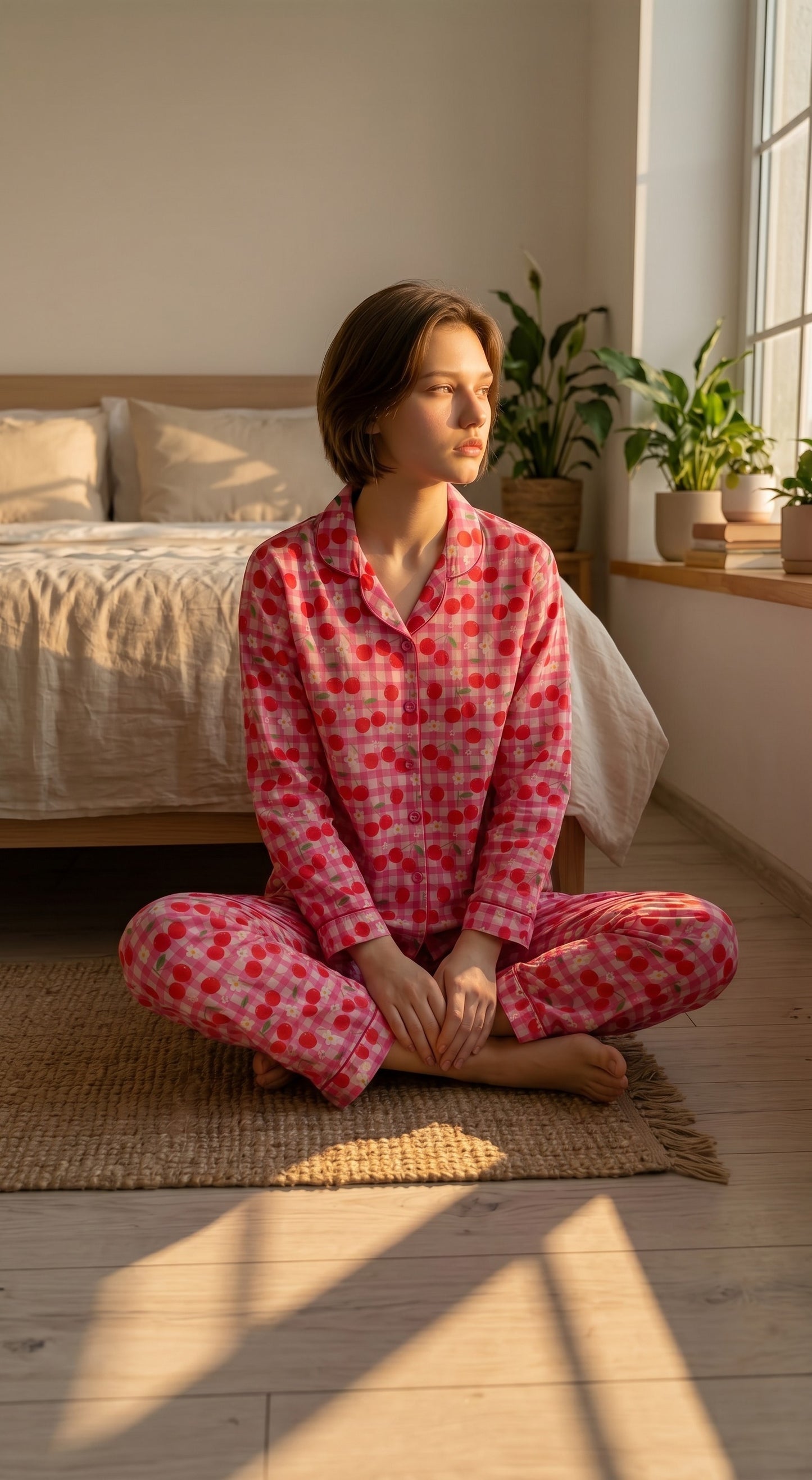 Cherry Bliss Premium Lawn Pajama Set for Women | Soft Breathable Cherry Print Long Sleeve Night Suit, Sleepwear & Loungewear | Nazakistan