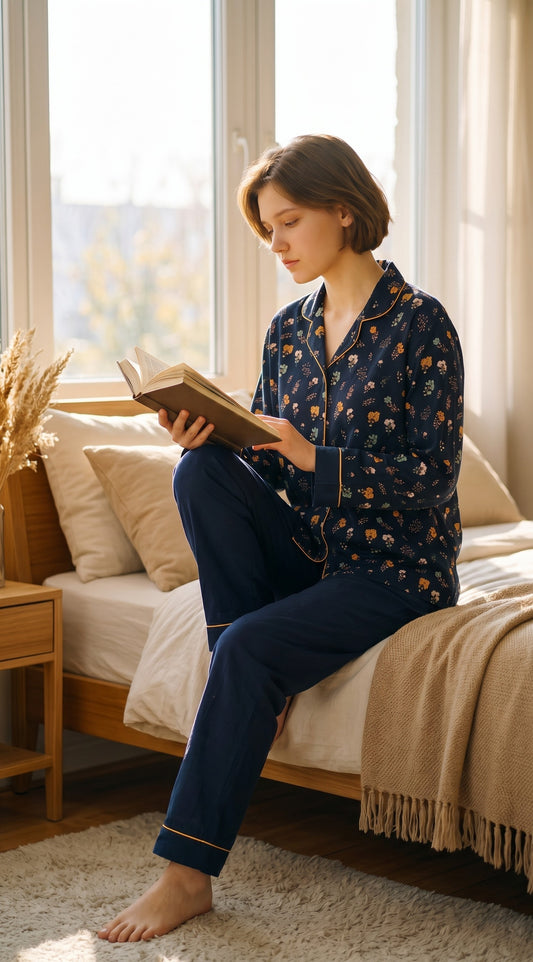 Midnight Bloom Premium Lawn Pajama Set for Women | Soft Breathable Floral Long Sleeve Night Suit, Sleepwear & Loungewear | Nazakistan