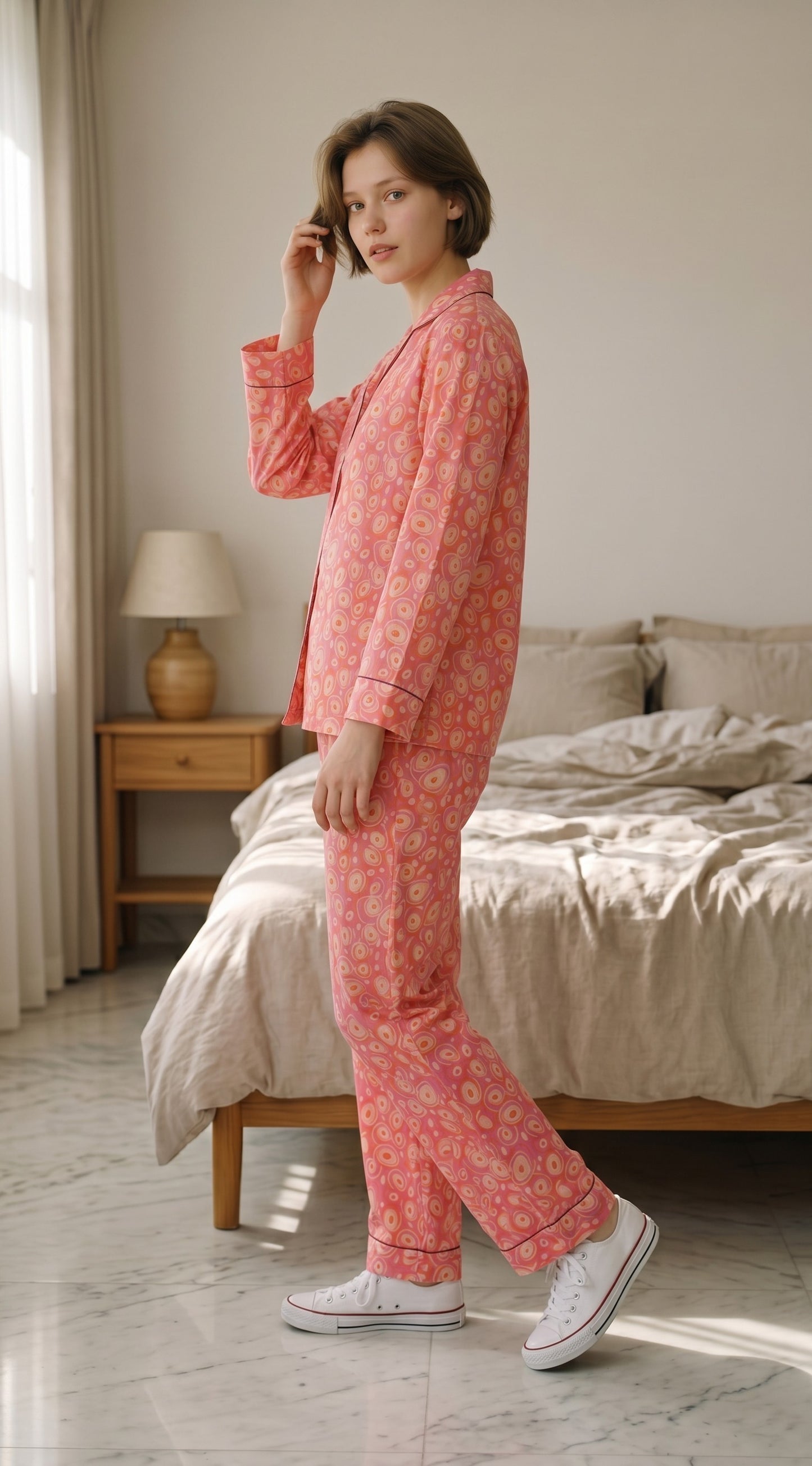 Peach Swirl Premium Lawn Pajama Set for Women | Soft Breathable Long Sleeve Night Suit, Sleepwear & Loungewear | Nazakistan