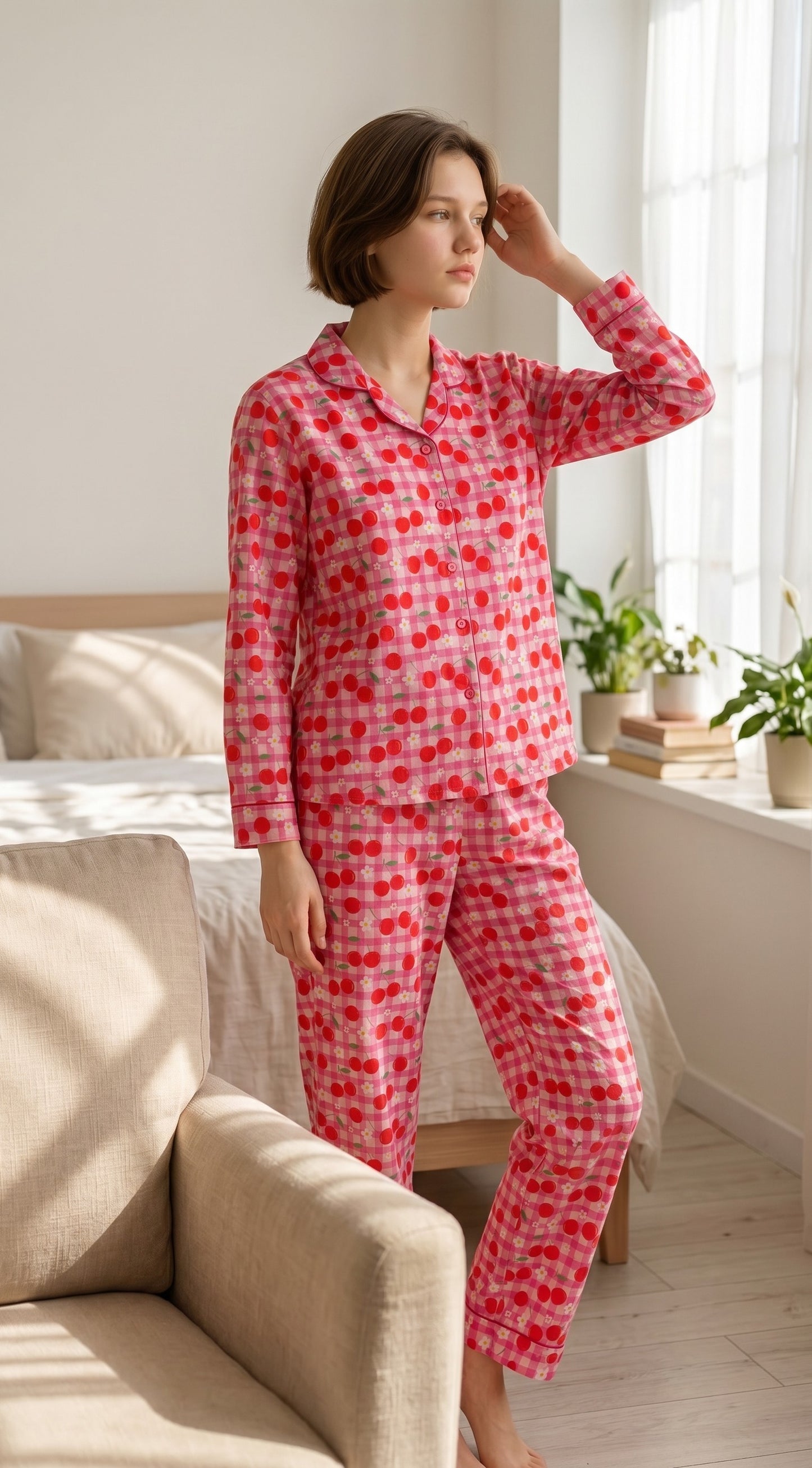 Cherry Bliss Premium Lawn Pajama Set for Women | Soft Breathable Cherry Print Long Sleeve Night Suit, Sleepwear & Loungewear | Nazakistan