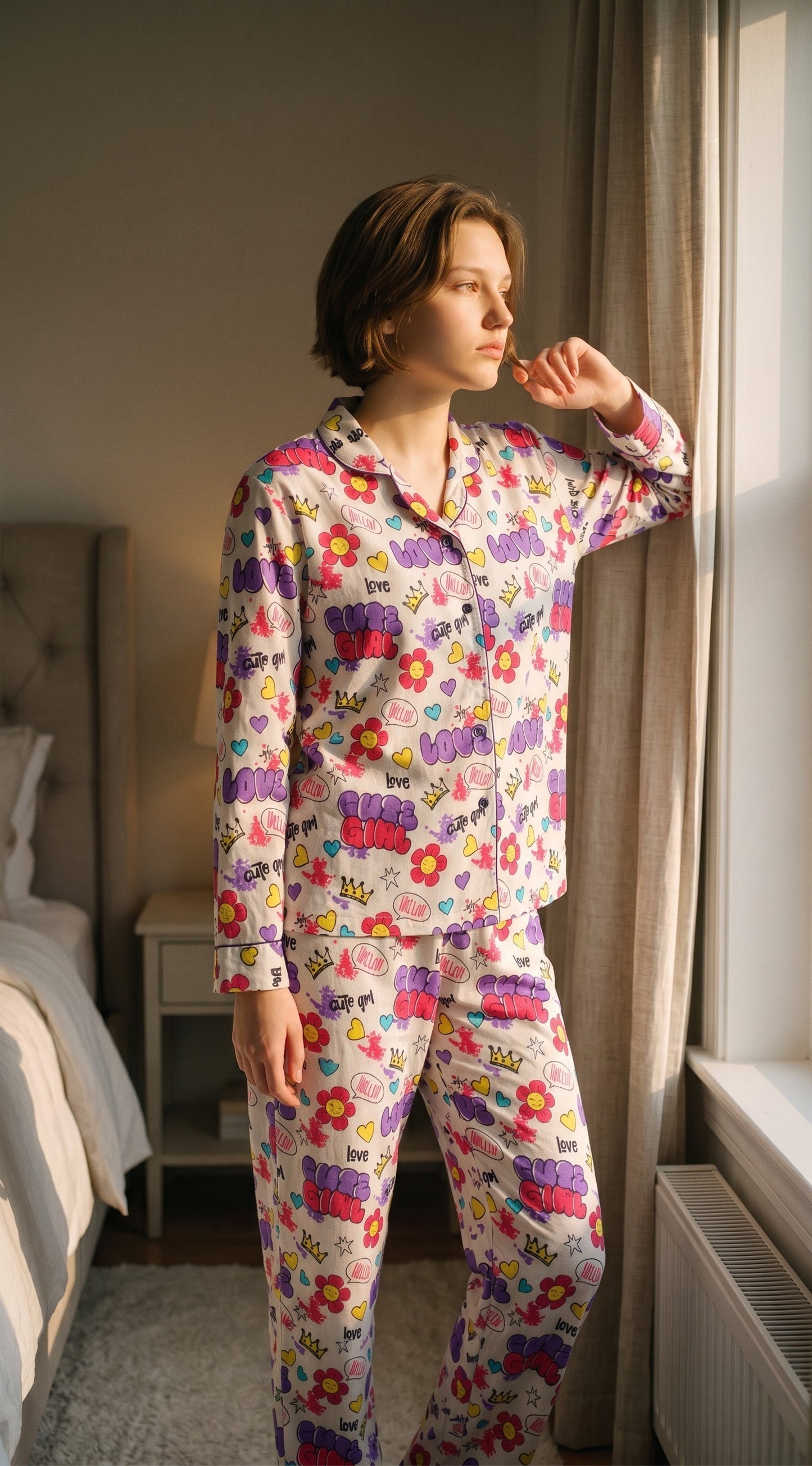Cute Girl Premium Lawn Pajama Set for Women | Soft Breathable Long Sleeve Night Suit, Sleepwear & Loungewear | Nazakistan