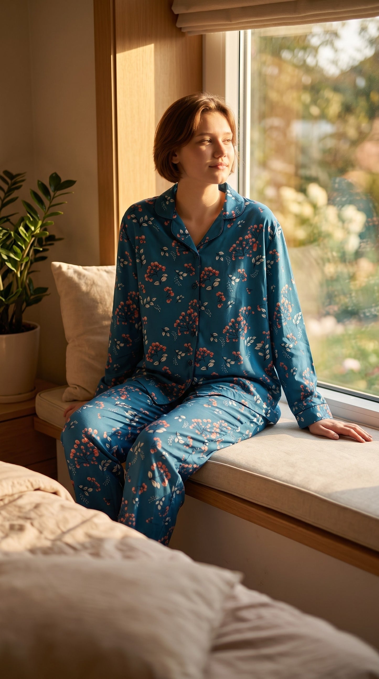 Blue Blossom Premium Lawn Pajama Set for Women | Soft Breathable Floral Long Sleeve Night Suit, Sleepwear & Loungewear | Nazakistan