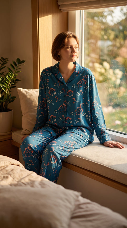 Blue Blossom Premium Lawn Pajama Set for Women | Soft Breathable Floral Long Sleeve Night Suit, Sleepwear & Loungewear | Nazakistan
