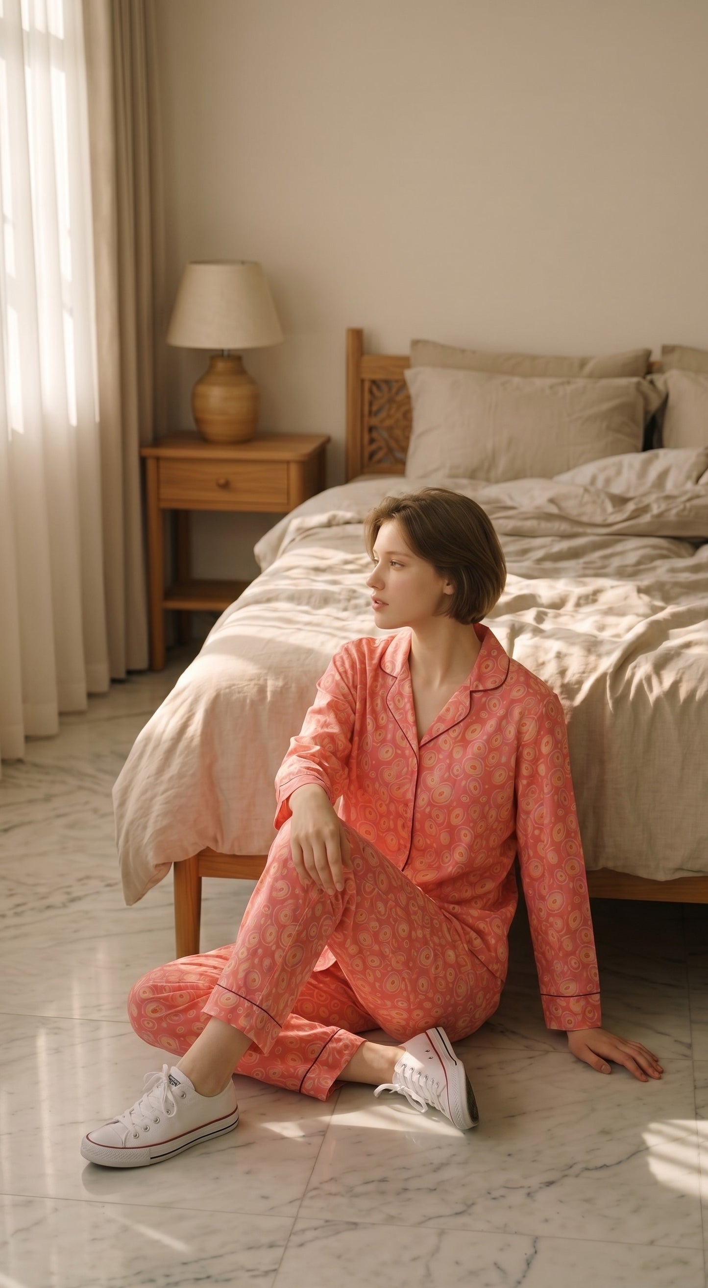 Peach Swirl Premium Lawn Pajama Set for Women | Soft Breathable Long Sleeve Night Suit, Sleepwear & Loungewear | Nazakistan
