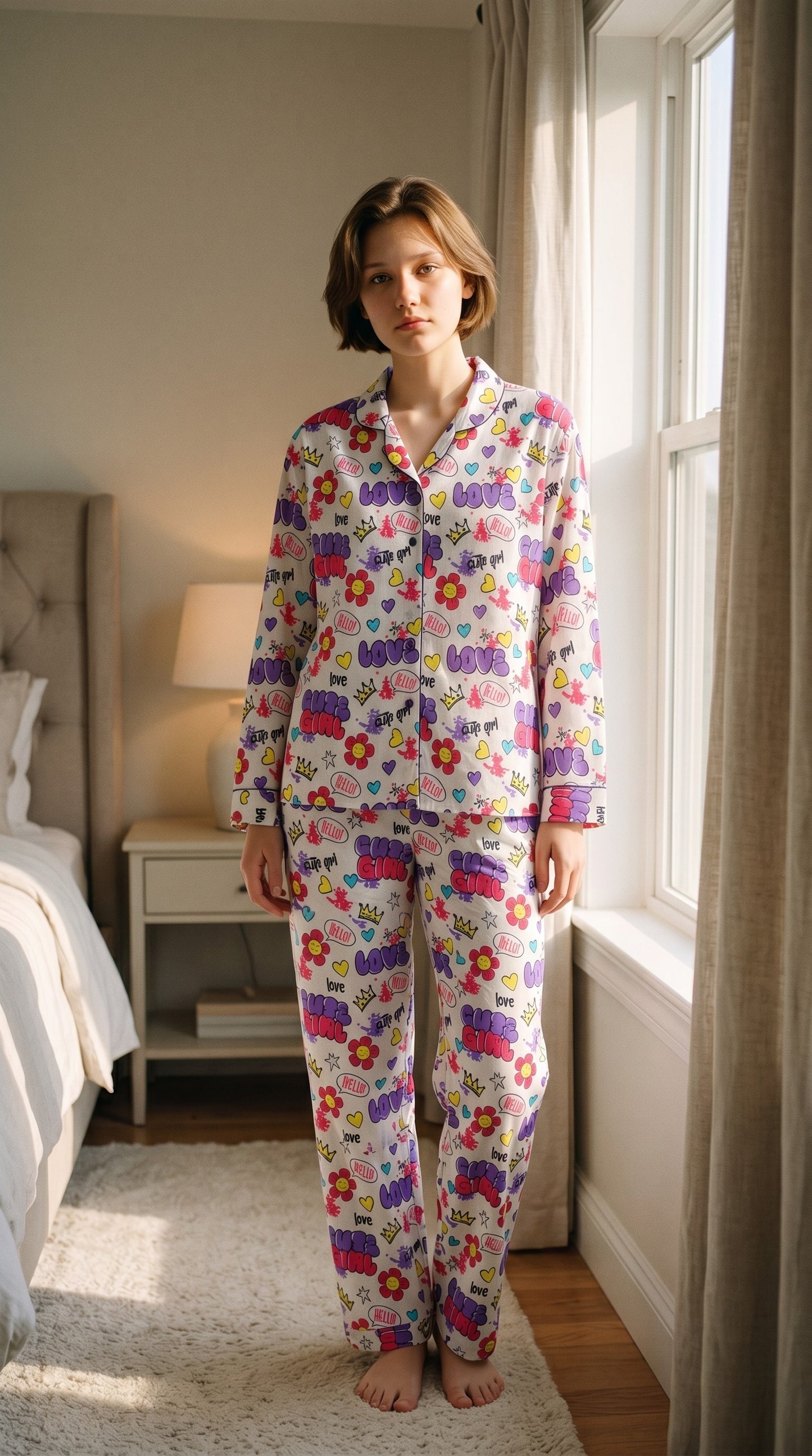 Cute Girl Premium Lawn Pajama Set for Women | Soft Breathable Long Sleeve Night Suit, Sleepwear & Loungewear | Nazakistan