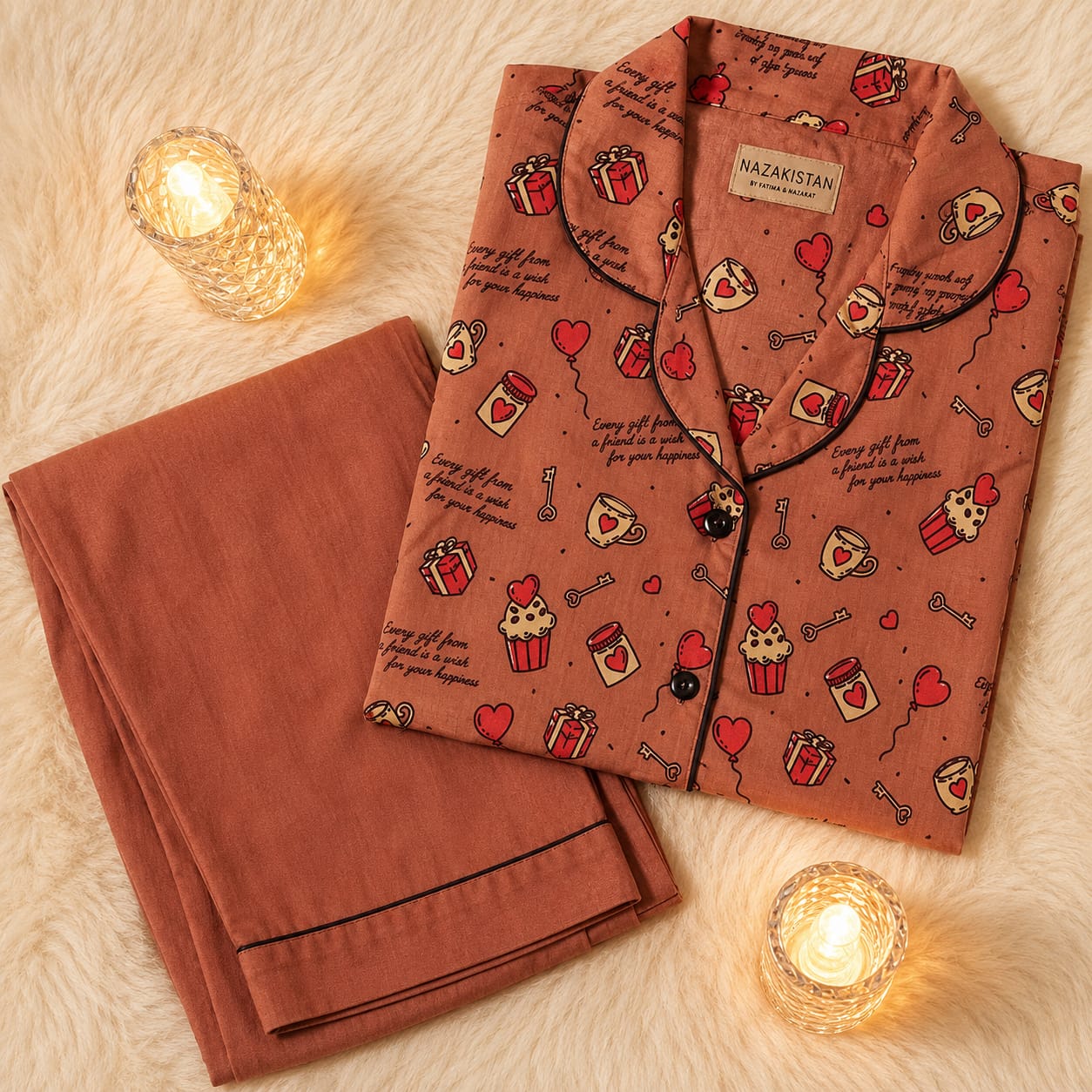 Brown Sugar Premium Lawn Pajama Set for Women | Soft Breathable Long Sleeve Night Suit, Sleepwear & Loungewear | Nazakistan