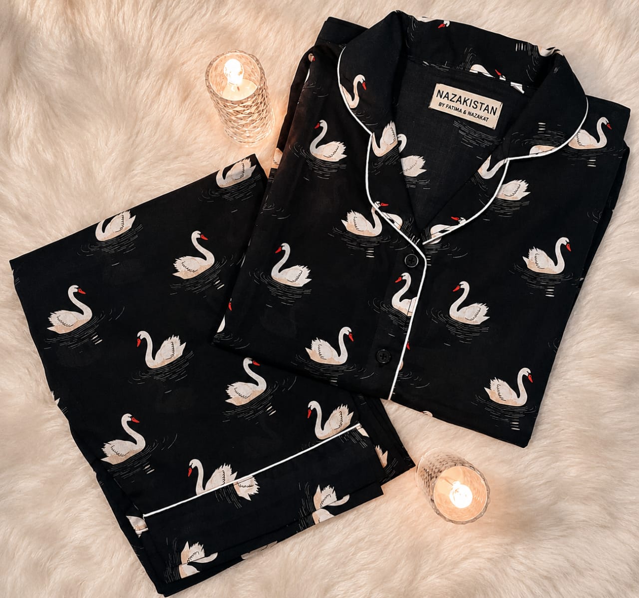 Black Swan Premium Lawn Pajama Set for Women | Soft Breathable Long Sleeve Night Suit, Sleepwear & Loungewear | Nazakistan