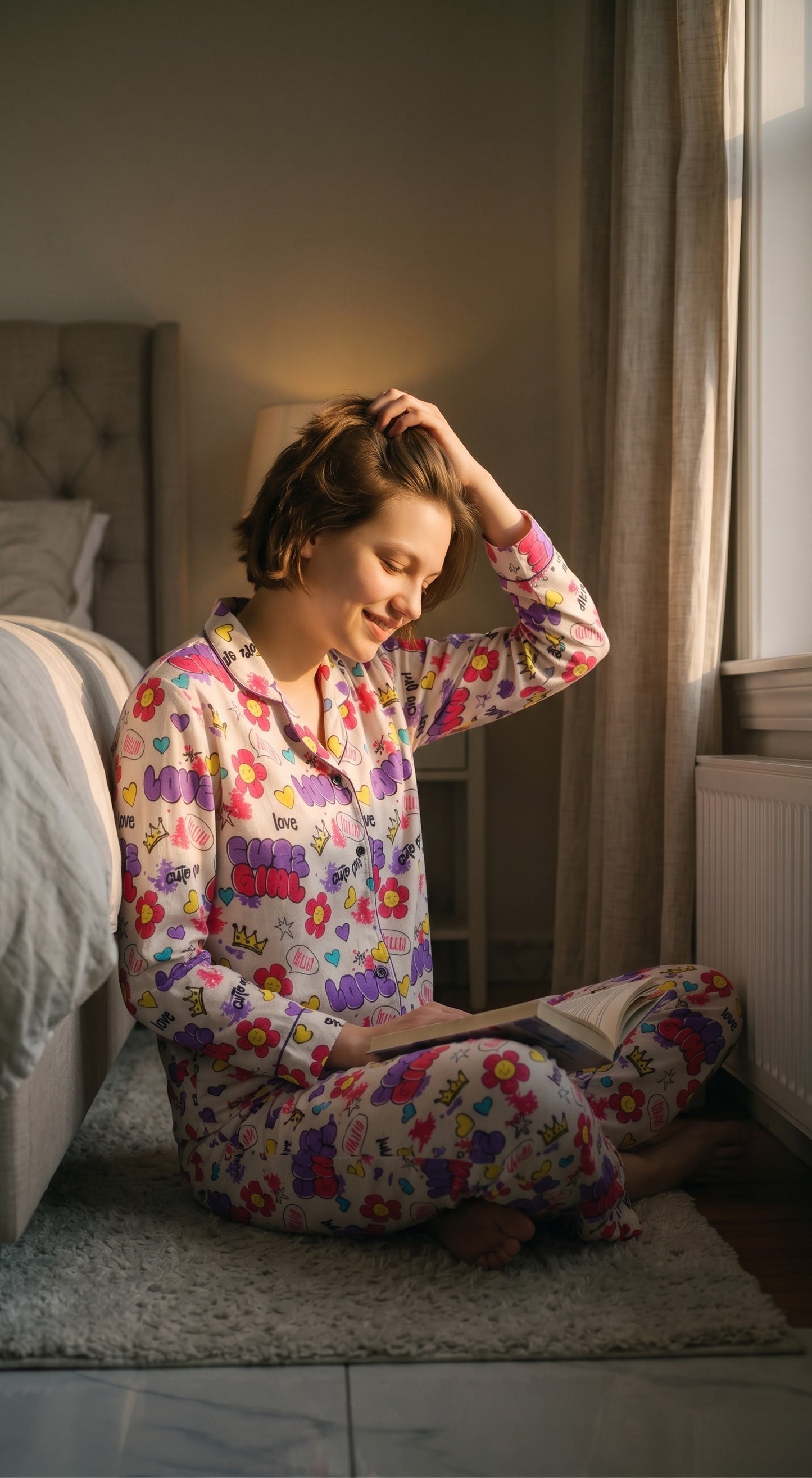 Cute Girl Premium Lawn Pajama Set for Women | Soft Breathable Long Sleeve Night Suit, Sleepwear & Loungewear | Nazakistan