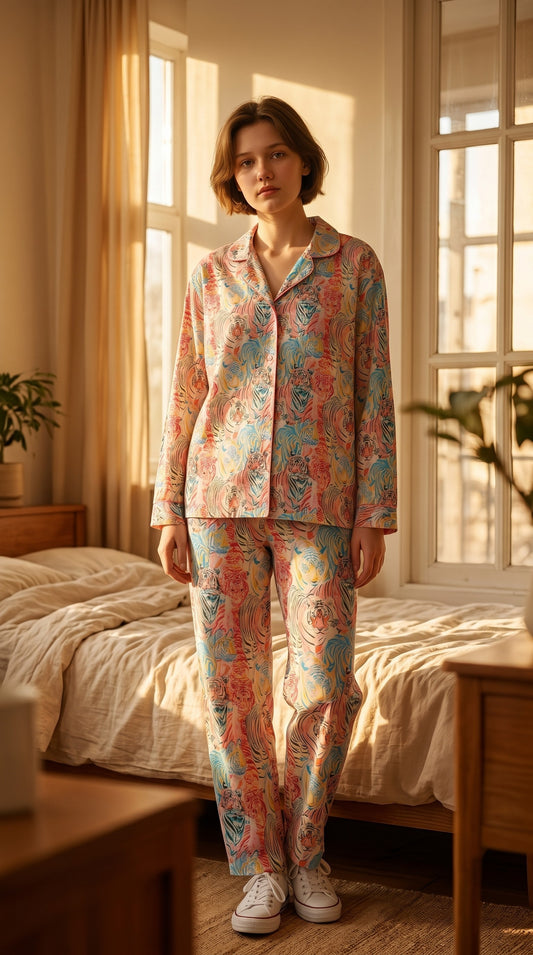 Fierce Beauty Premium Lawn Pajama Set for Women | Soft Breathable Tiger Print Long Sleeve Night Suit, Sleepwear & Loungewear | Nazakistan