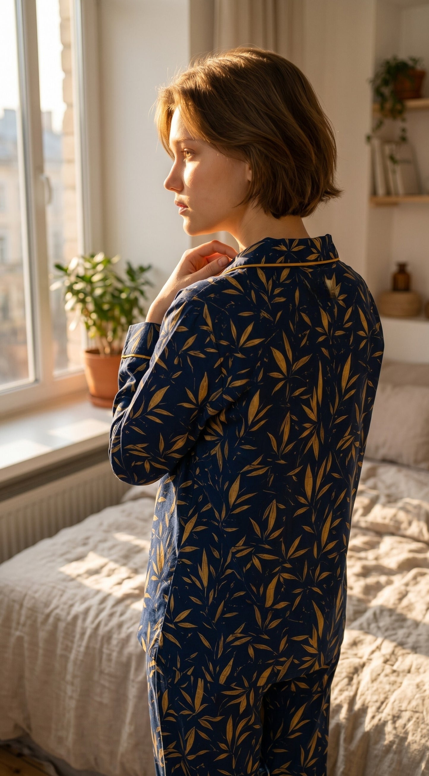 Midnight Crown Premium Lawn Pajama Set for Women | Soft Breathable Leaf Print Long Sleeve Night Suit, Sleepwear & Loungewear | Nazakistan
