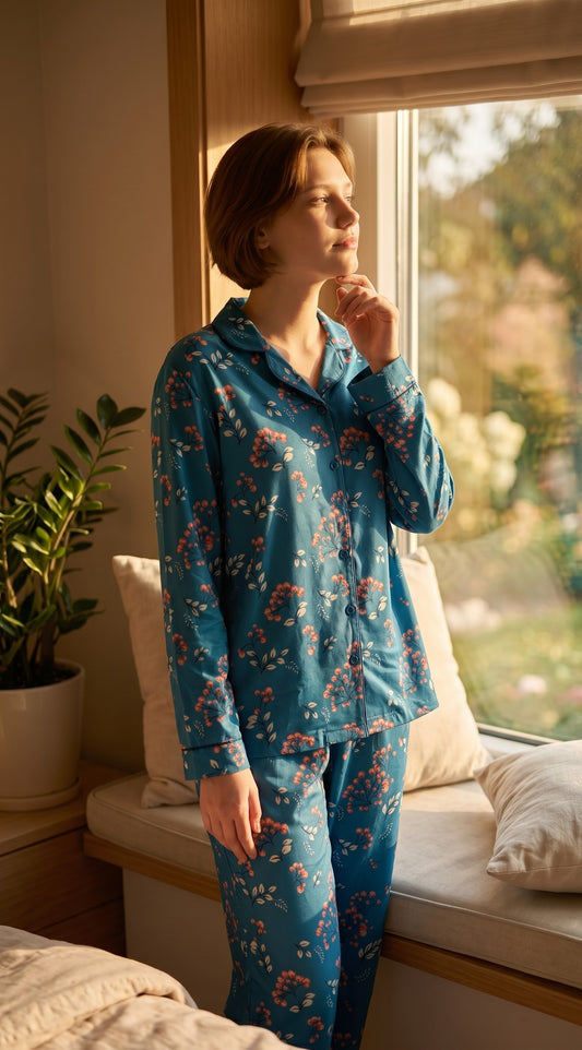 Blue Blossom Premium Lawn Pajama Set for Women | Soft Breathable Floral Long Sleeve Night Suit, Sleepwear & Loungewear | Nazakistan