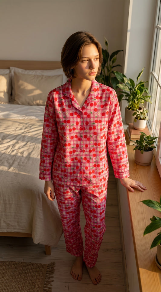Cherry Bliss Premium Lawn Pajama Set for Women | Soft Breathable Cherry Print Long Sleeve Night Suit, Sleepwear & Loungewear | Nazakistan