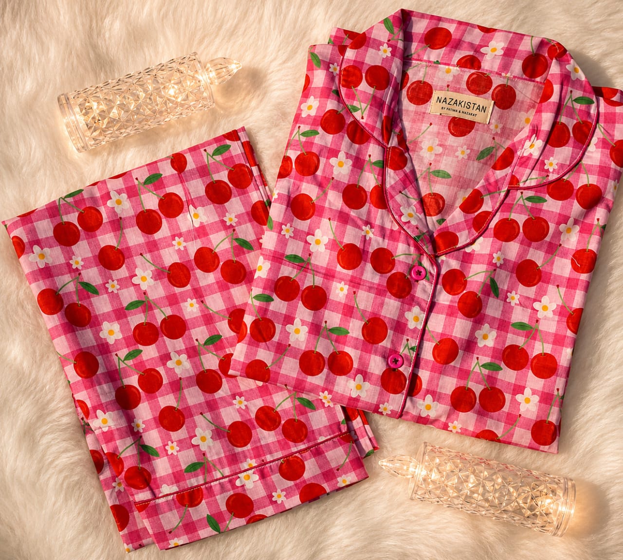 Cherry Bliss Premium Lawn Pajama Set for Women | Soft Breathable Cherry Print Long Sleeve Night Suit, Sleepwear & Loungewear | Nazakistan