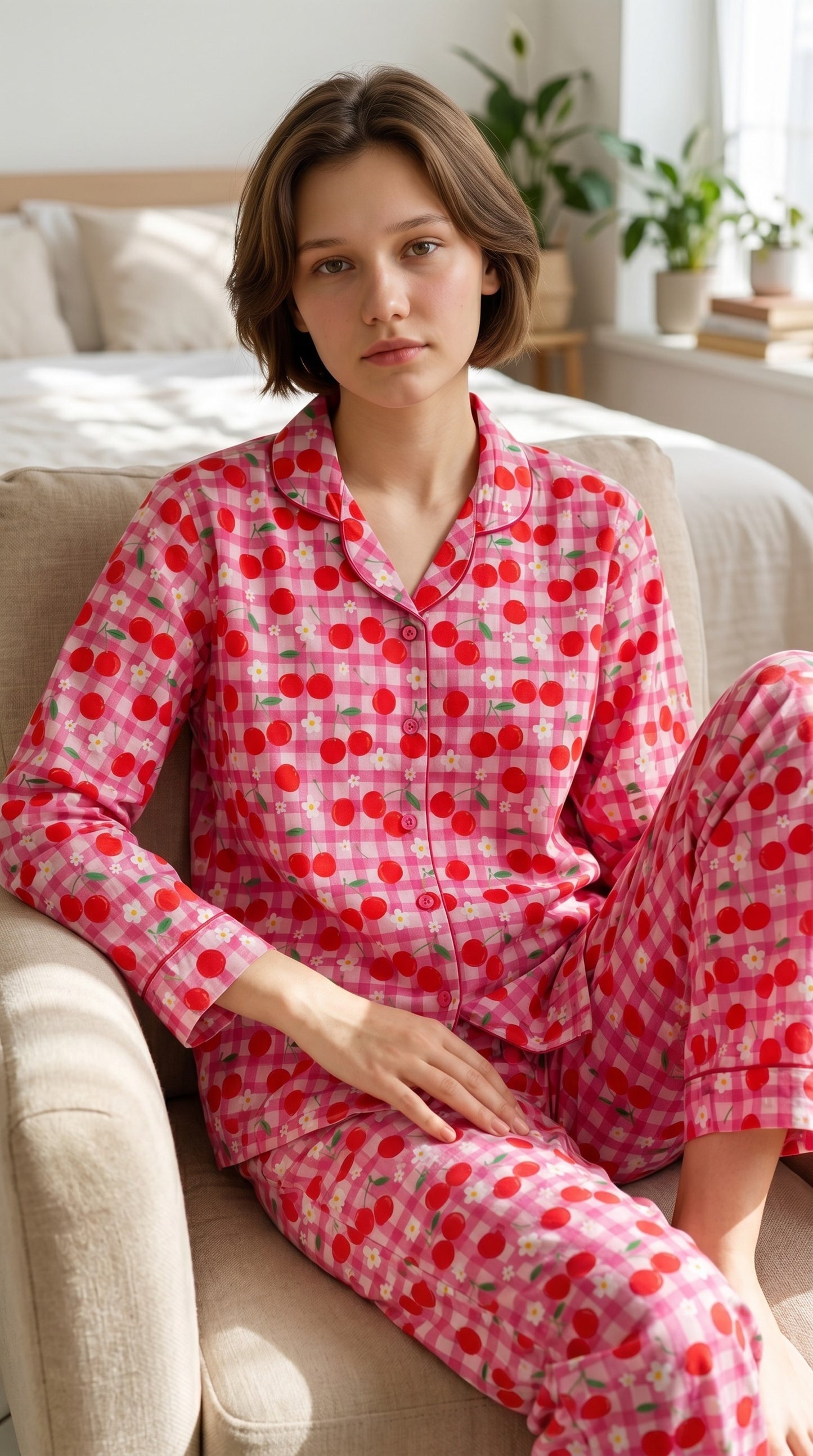 Cherry Bliss Premium Lawn Pajama Set for Women | Soft Breathable Cherry Print Long Sleeve Night Suit, Sleepwear & Loungewear | Nazakistan
