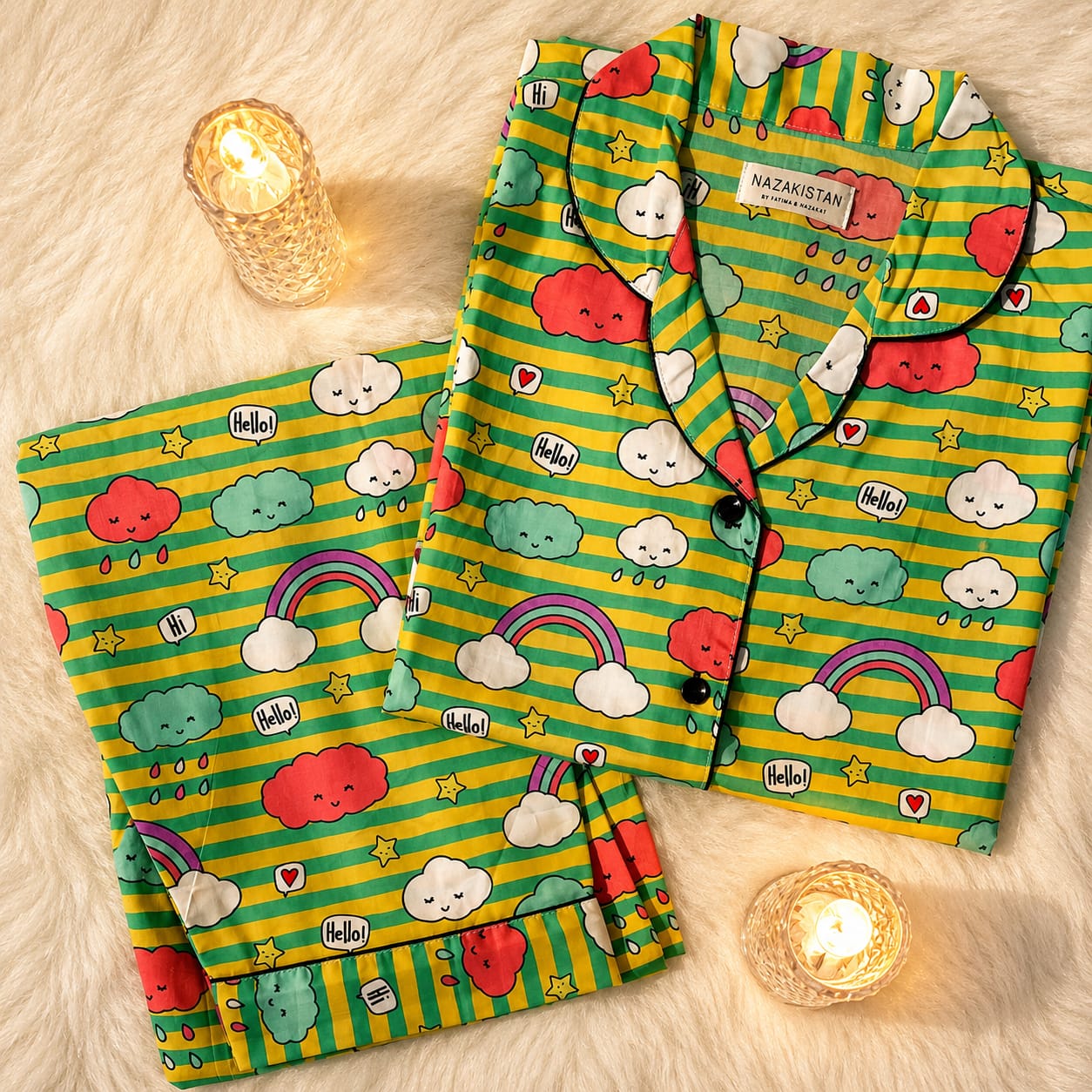 Rainbow Dreams Premium Lawn Pajama Set for Women | Soft Breathable Long Sleeve Night Suit, Sleepwear & Loungewear | Nazakistan