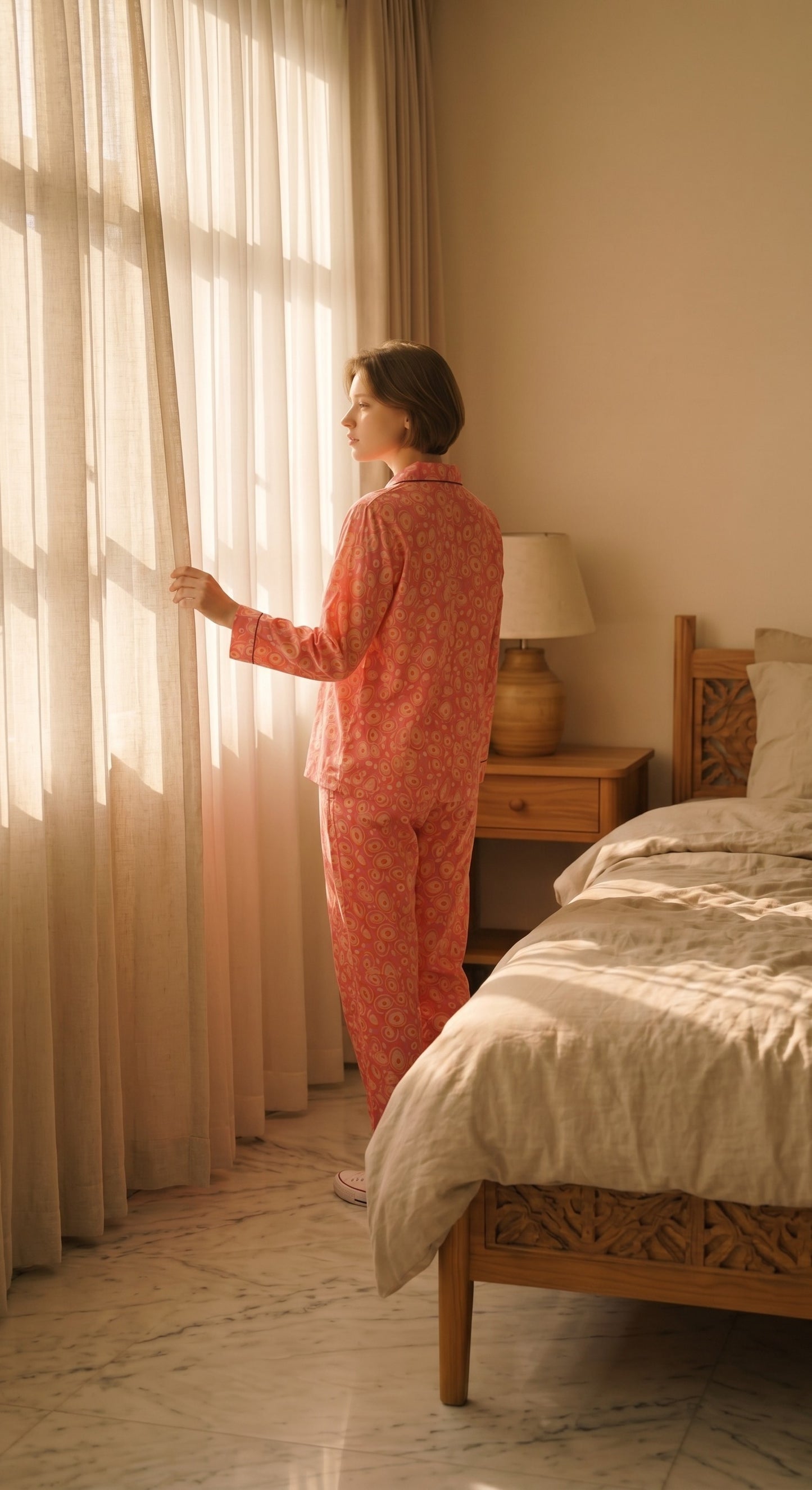 Peach Swirl Premium Lawn Pajama Set for Women | Soft Breathable Long Sleeve Night Suit, Sleepwear & Loungewear | Nazakistan