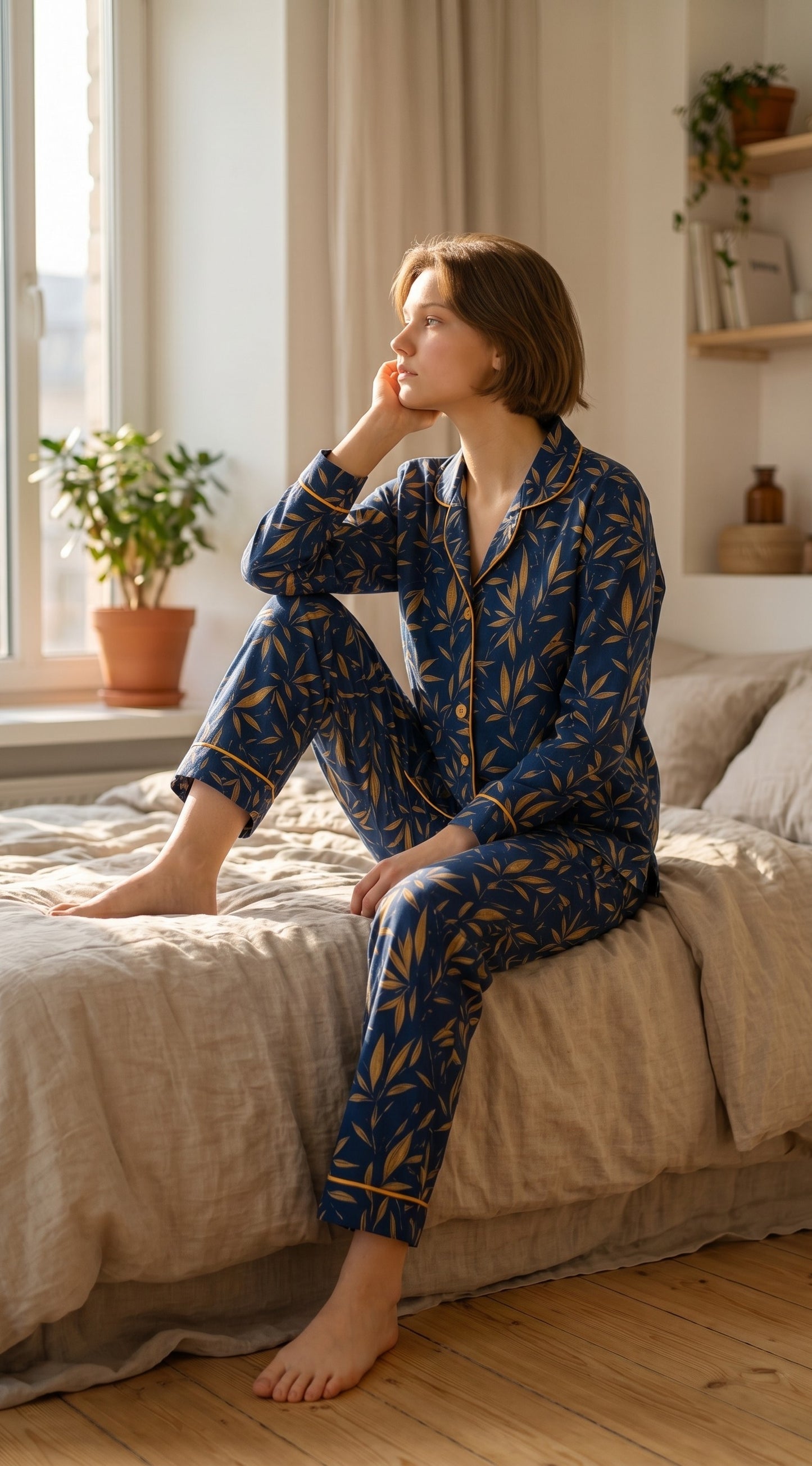 Midnight Crown Premium Lawn Pajama Set for Women | Soft Breathable Leaf Print Long Sleeve Night Suit, Sleepwear & Loungewear | Nazakistan