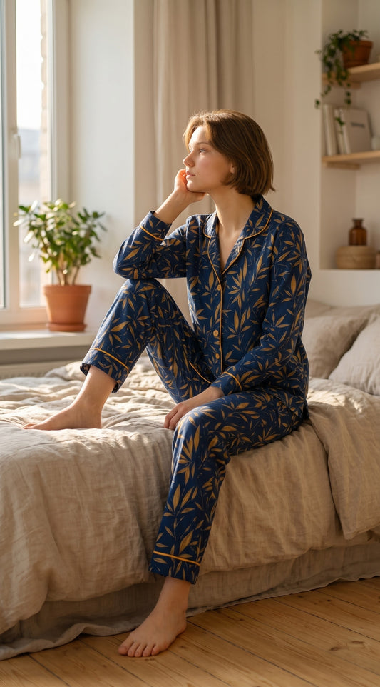 Midnight Crown Premium Lawn Pajama Set for Women | Soft Breathable Leaf Print Long Sleeve Night Suit, Sleepwear & Loungewear | Nazakistan
