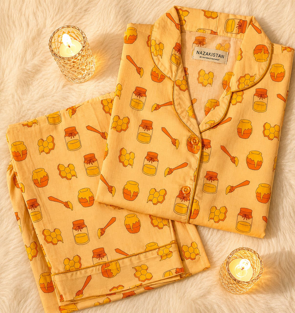 Honey Bee Lawn Pajama Set for Women | Soft Breathable Long Sleeve Night Suit, Sleepwear & Loungewear | Nazakistan