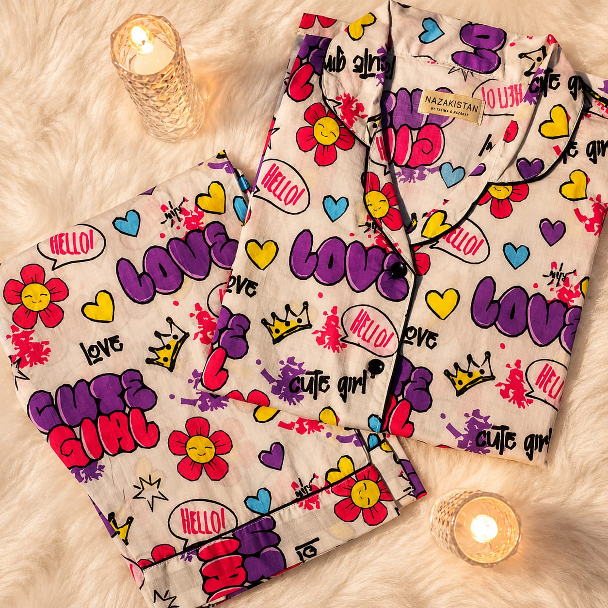 Cute Girl Premium Lawn Pajama Set for Women | Soft Breathable Long Sleeve Night Suit, Sleepwear & Loungewear | Nazakistan