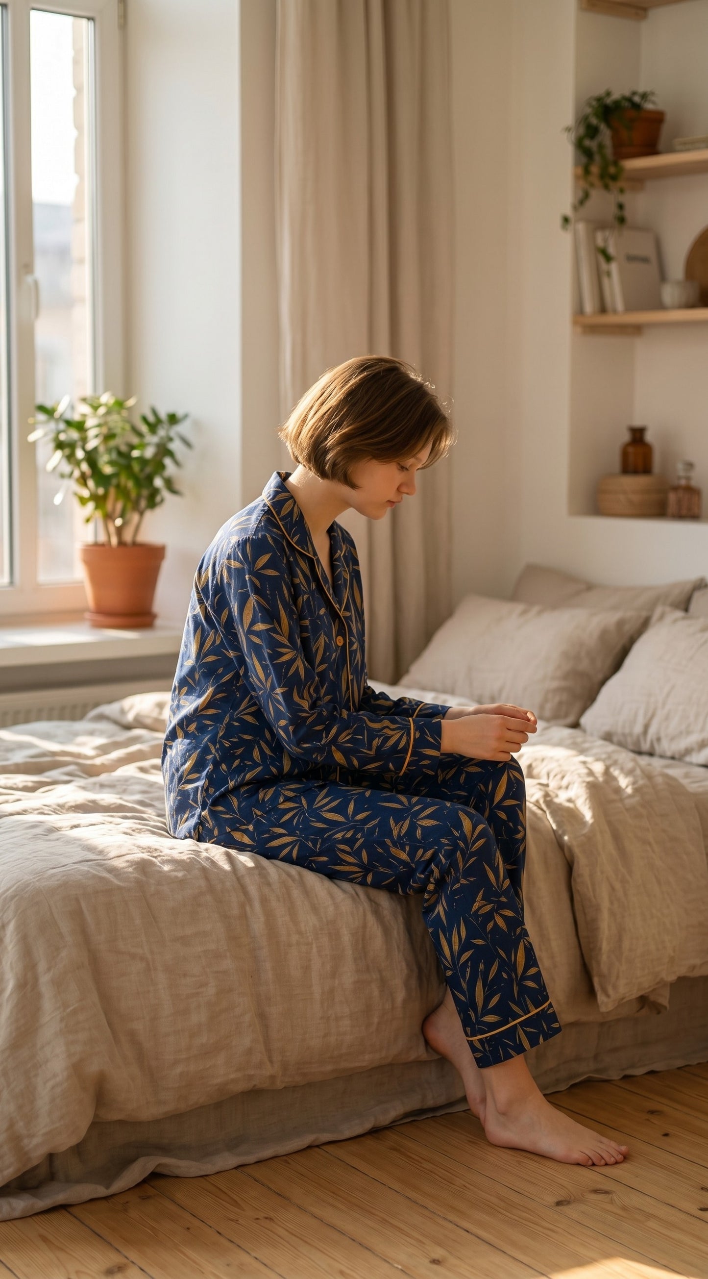 Midnight Crown Premium Lawn Pajama Set for Women | Soft Breathable Leaf Print Long Sleeve Night Suit, Sleepwear & Loungewear | Nazakistan
