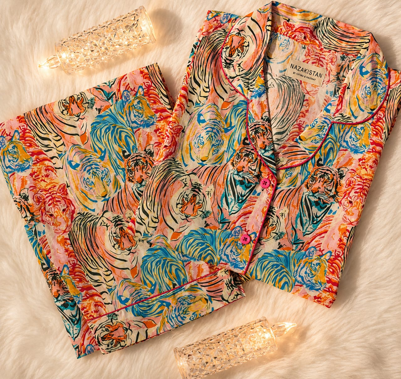 Fierce Beauty Premium Lawn Pajama Set for Women | Soft Breathable Tiger Print Long Sleeve Night Suit, Sleepwear & Loungewear | Nazakistan
