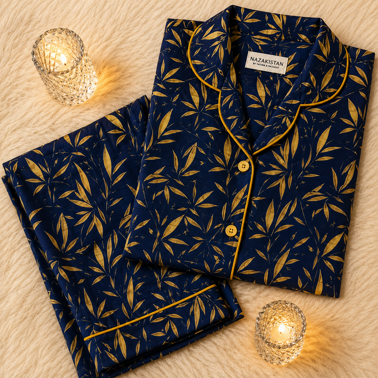 Midnight Crown Premium Lawn Pajama Set for Women | Soft Breathable Leaf Print Long Sleeve Night Suit, Sleepwear & Loungewear | Nazakistan