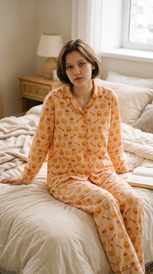Honey Bee Lawn Pajama Set for Women | Soft Breathable Long Sleeve Night Suit, Sleepwear & Loungewear | Nazakistan