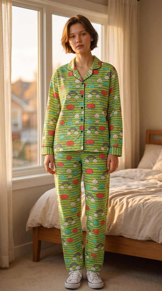 Rainbow Dreams Premium Lawn Pajama Set for Women | Soft Breathable Long Sleeve Night Suit, Sleepwear & Loungewear | Nazakistan