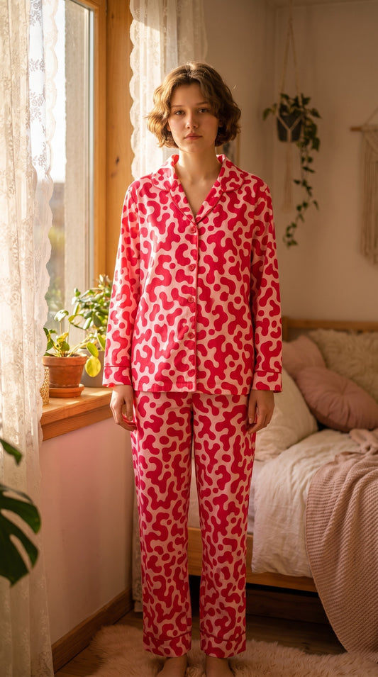 Electric Blush Premium Lawn Pajama Set for Women | Soft Breathable Abstract Print Long Sleeve Night Suit, Sleepwear & Loungewear | Nazakistan